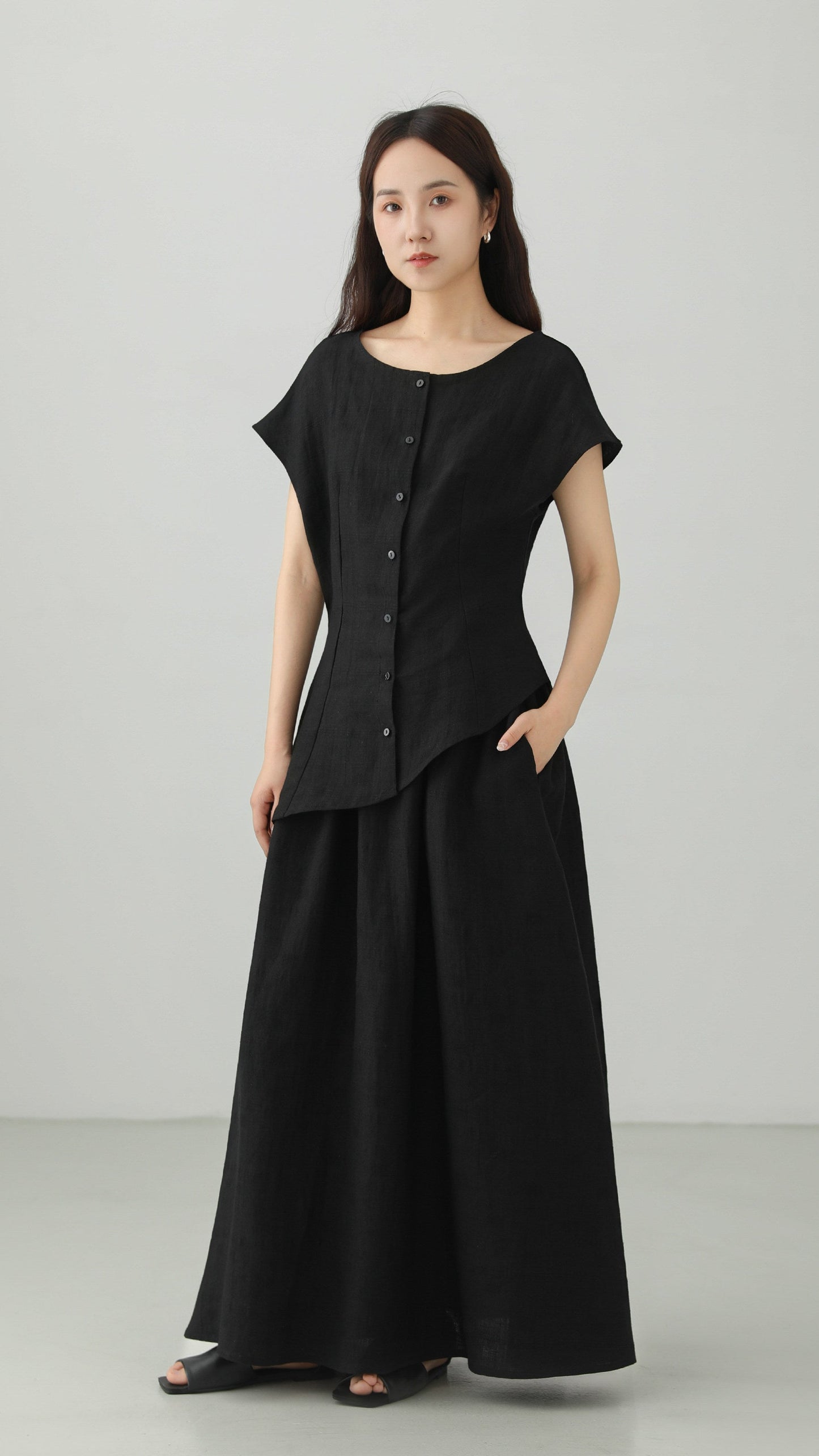 Minimal Linen Jacquard Long Skirt B4831