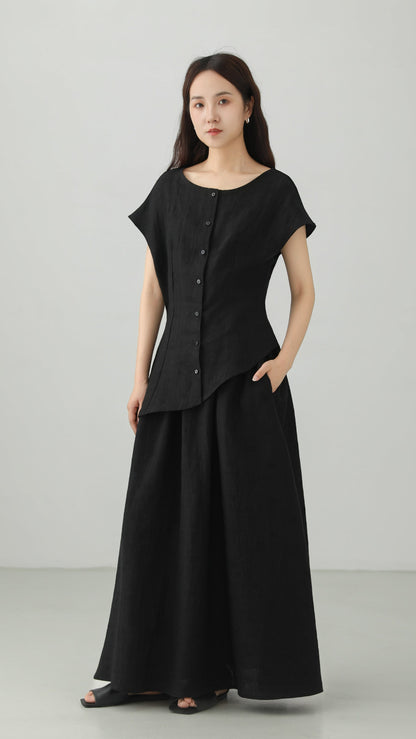 Minimal Linen Jacquard Long Skirt B4831