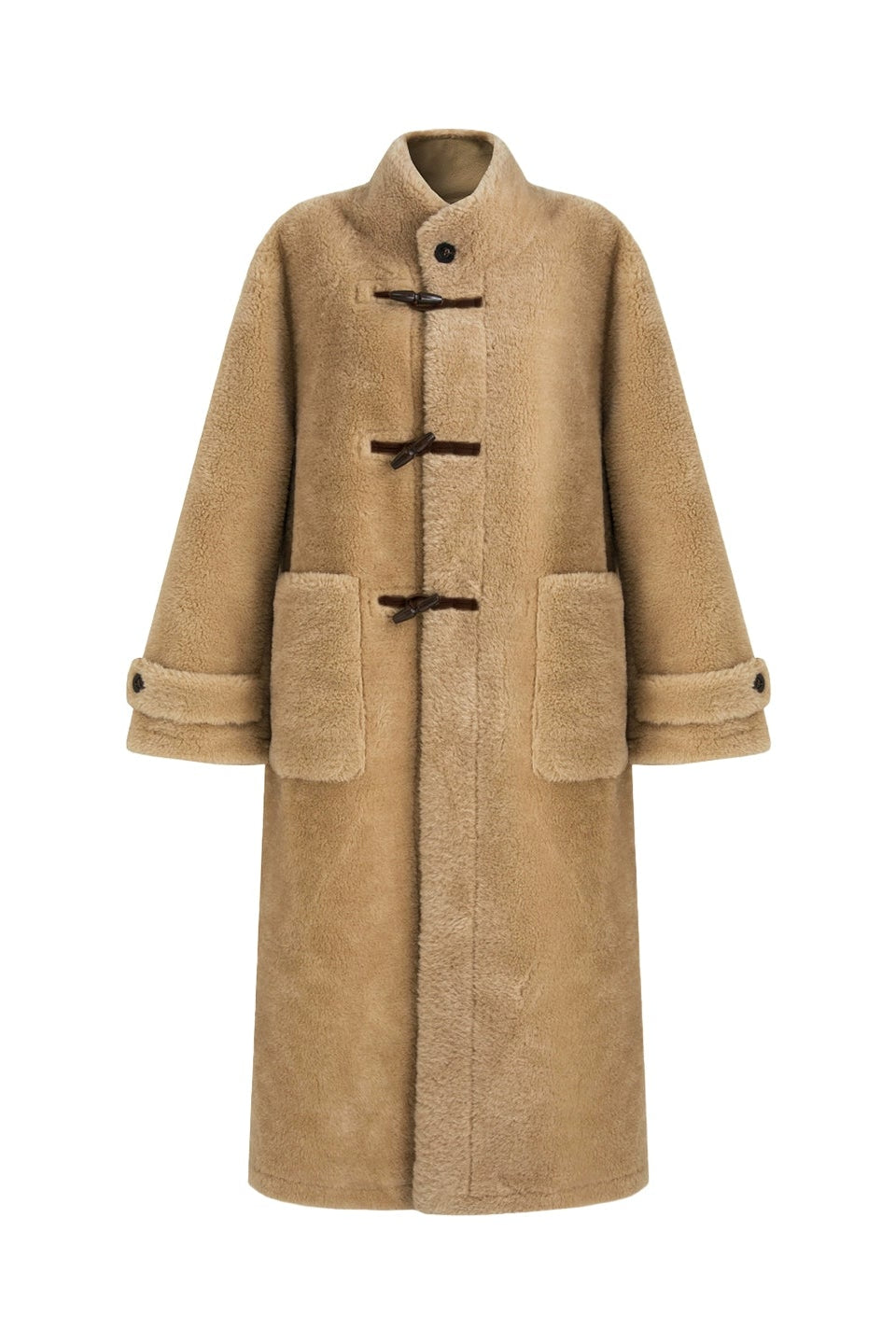 Stand collar horn button leather long fur coat B4442