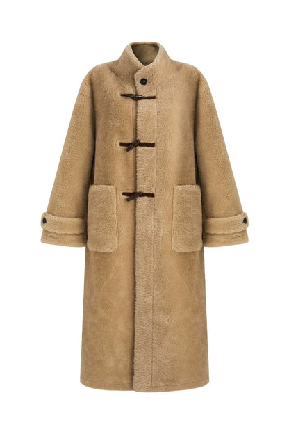 Stand collar horn button leather long fur coat B4442