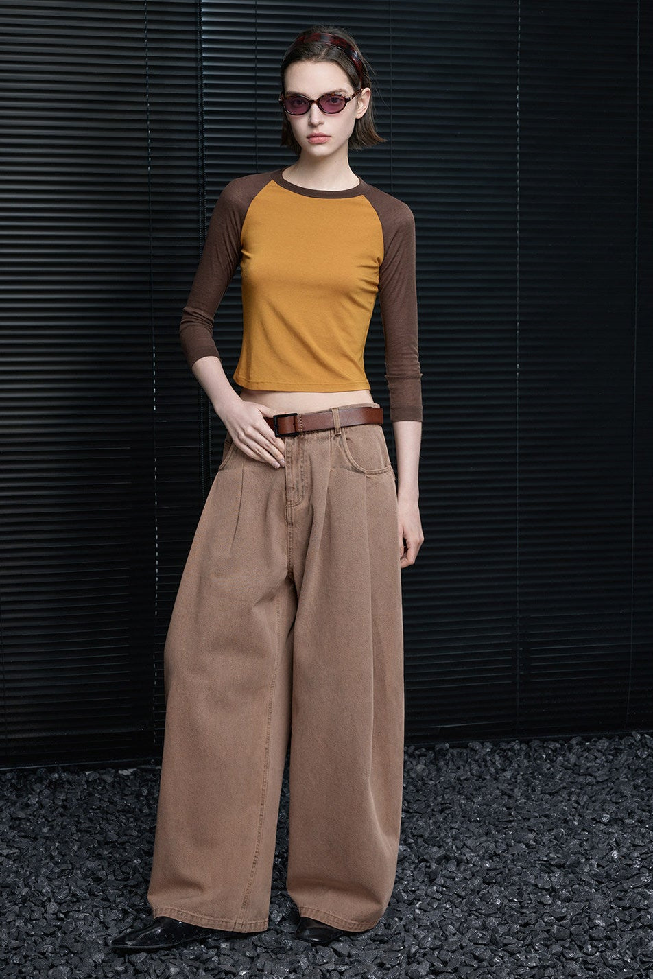 コントラストカラー7分袖スリムTシャツ　B4681