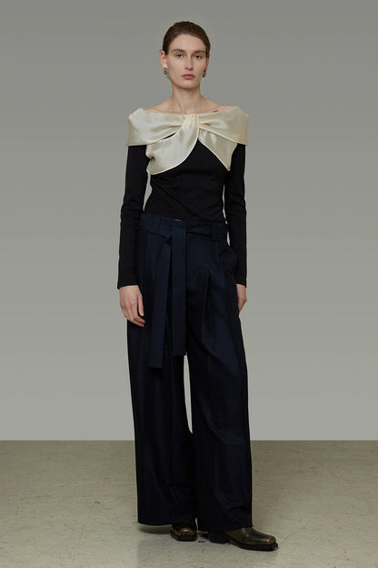 Satin patchwork off-shoulder knit top B4438