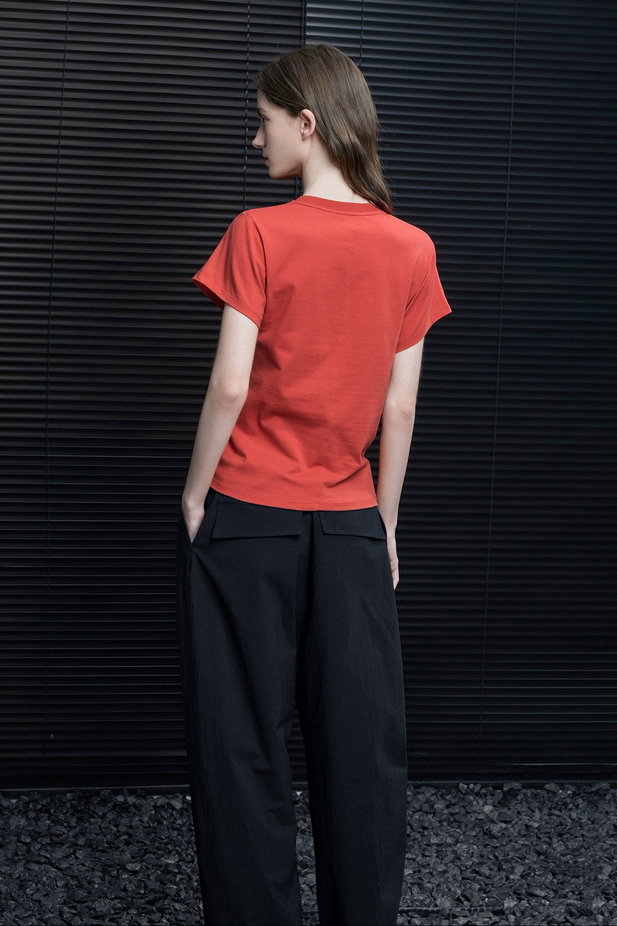 レンガレッドキャットプリント半袖Tシャツ　B4637
