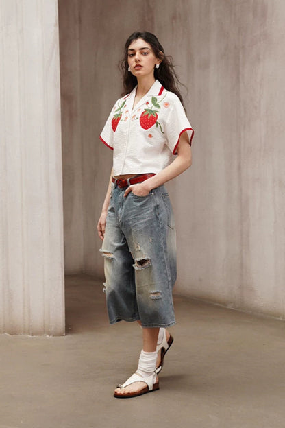 Retro Washed Distressed Cropped Denim Pants B4795