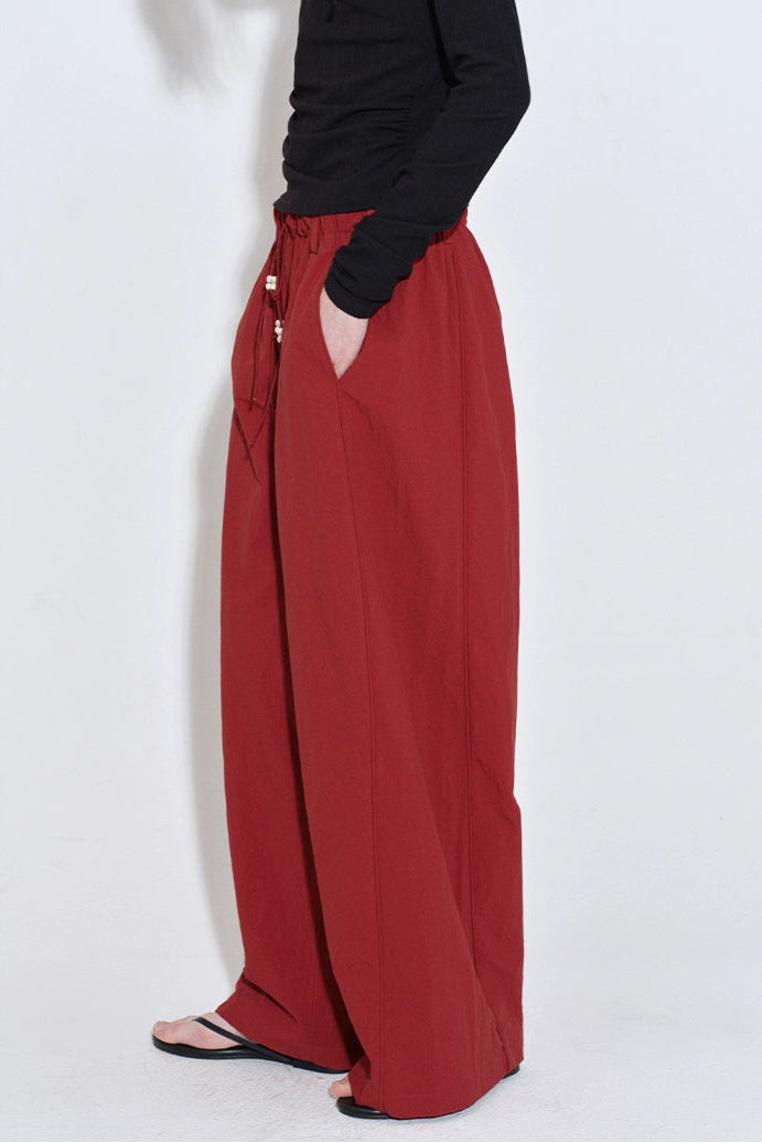 Dark Red Drawstring Beaded Straight Pants B4210
