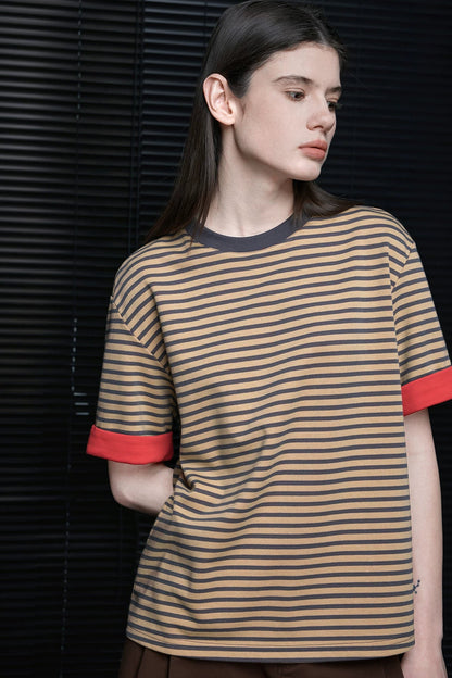 コーヒーストライプロールヘム半袖Tシャツ　B4711