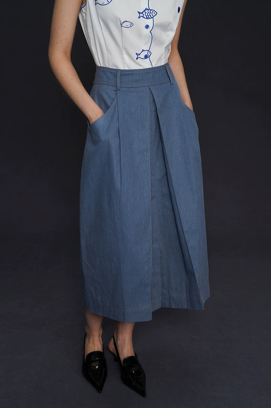 Retro denim blue A-line skirt B4156