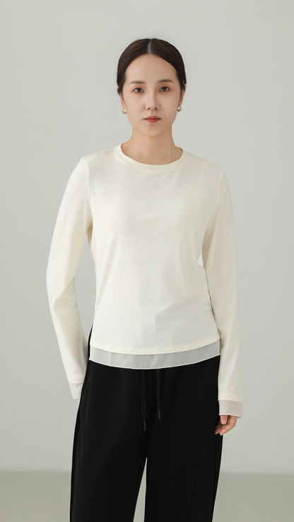 Silk-Trim Layered Hem Long-Sleeve T-Shirt B5003