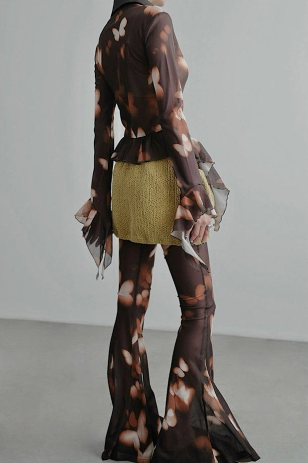 蝴蝶印花腰部荷葉邊襯衫 B4257