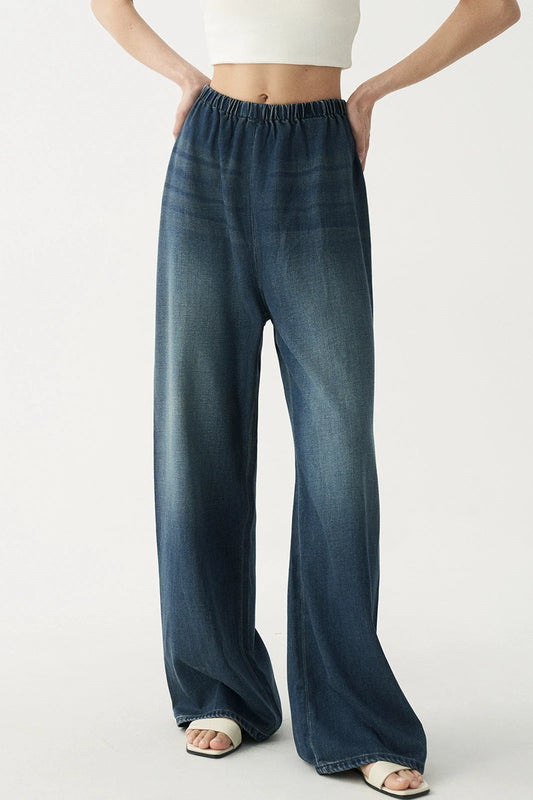 天絲彈性腰藍色直筒牛仔褲 B3416 