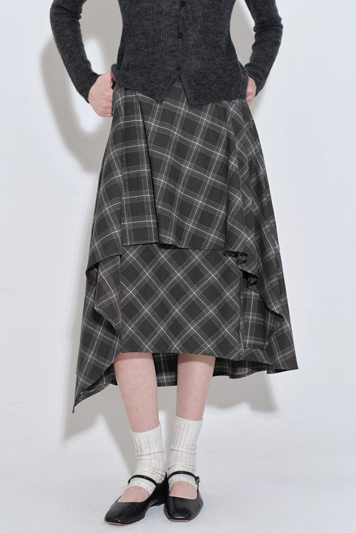 格紋層疊不規則半身裙 B4216