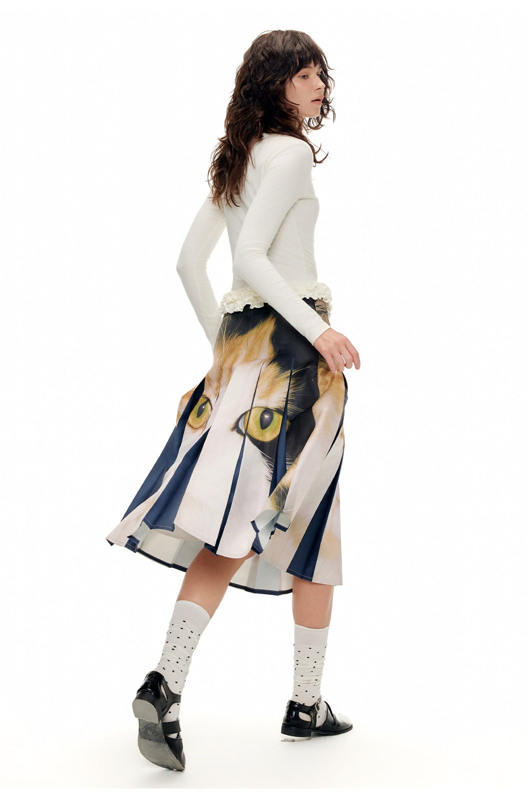 キャットプリントミッドウエストプリーツスカート　B4597