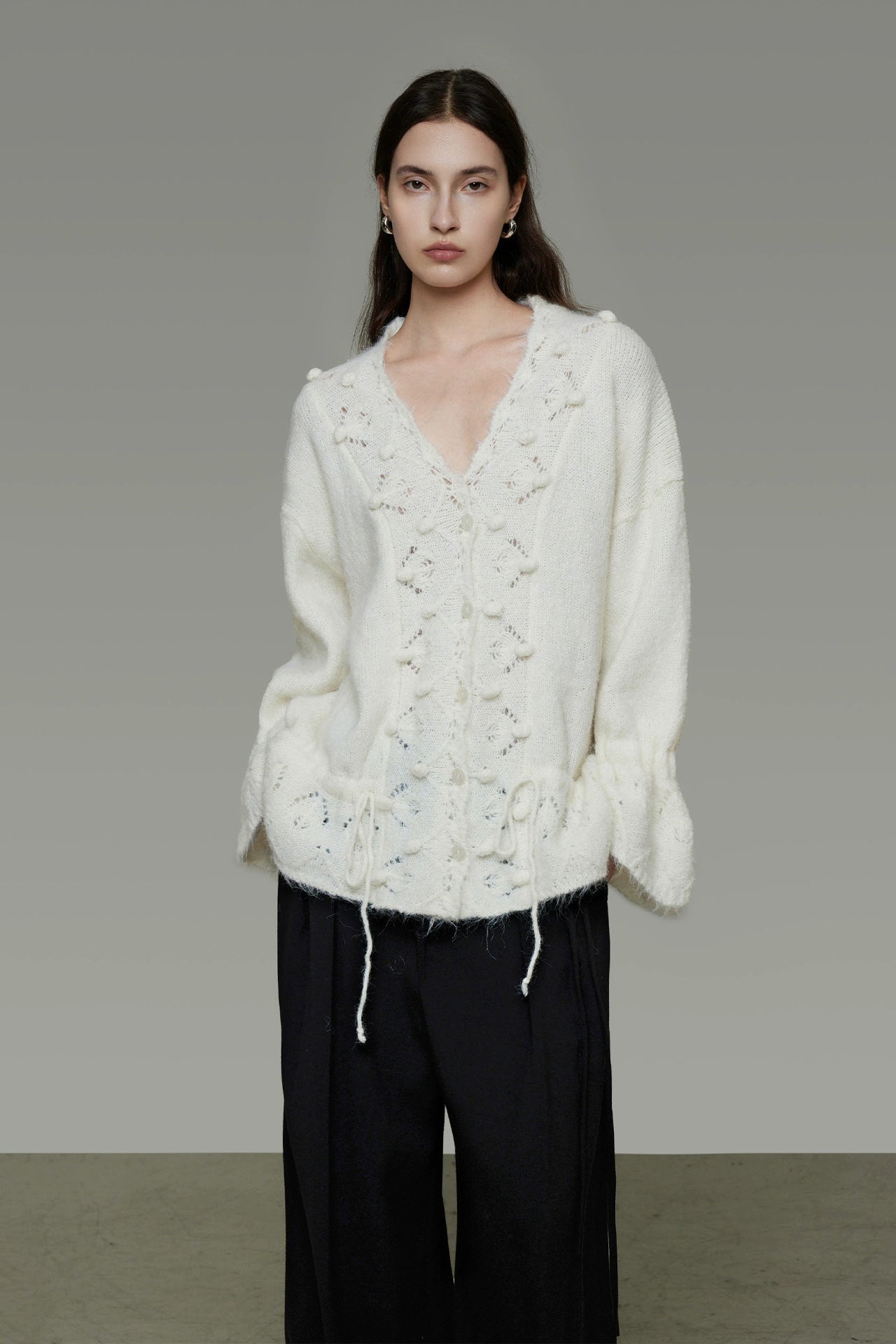 V-neck wool drawstring cardigan B4486