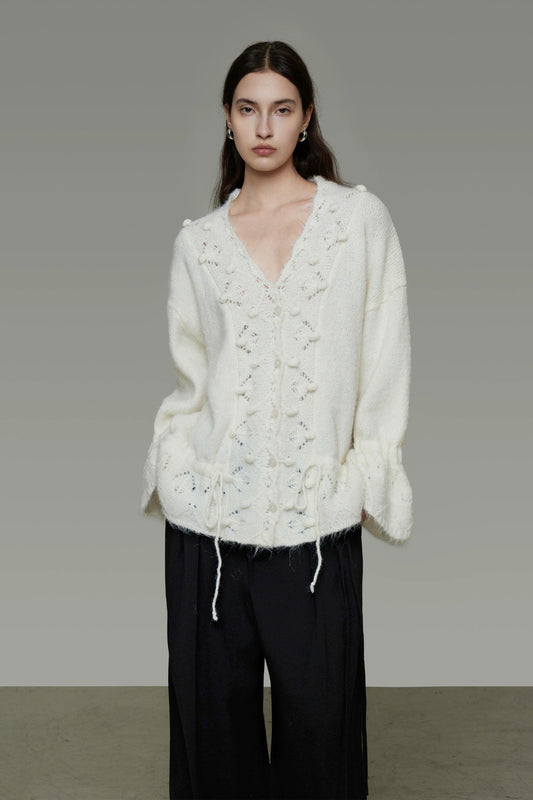 Vネックウールドローストリングカーディガン　B4486