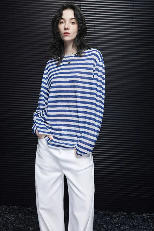 ストライプシンプルルーズ長袖Ｔシャツ　B4690