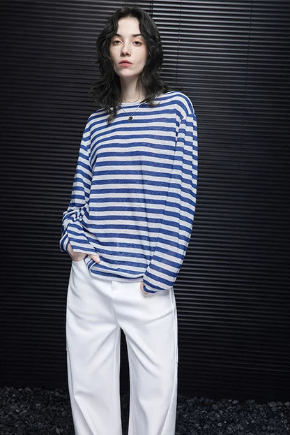 ストライプシンプルルーズ長袖Ｔシャツ　B4690