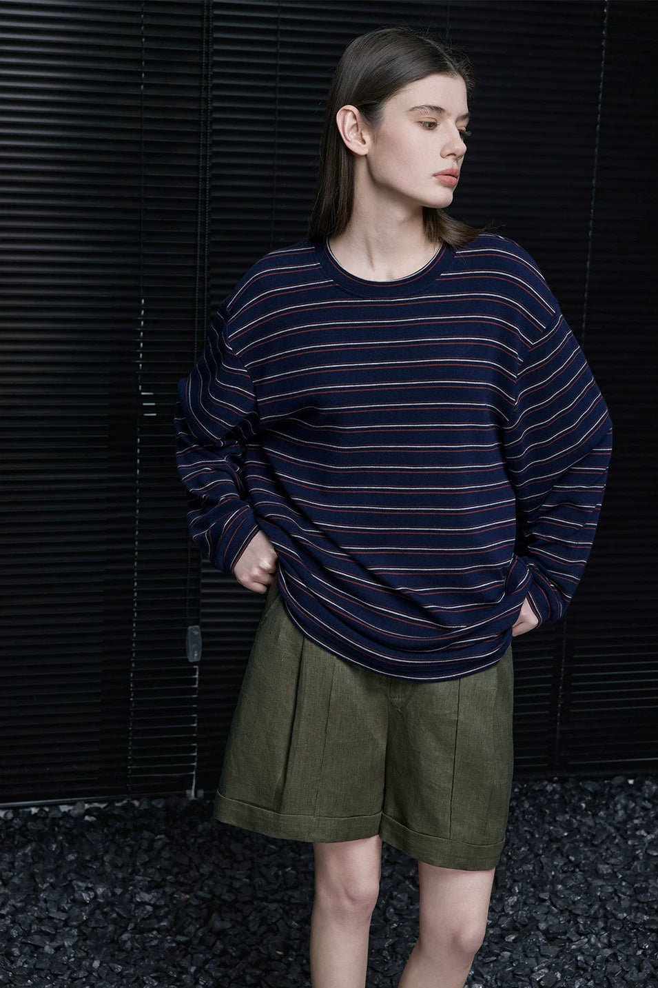 ネイビーブルーストライプルーズ長袖Tシャツ　B4735