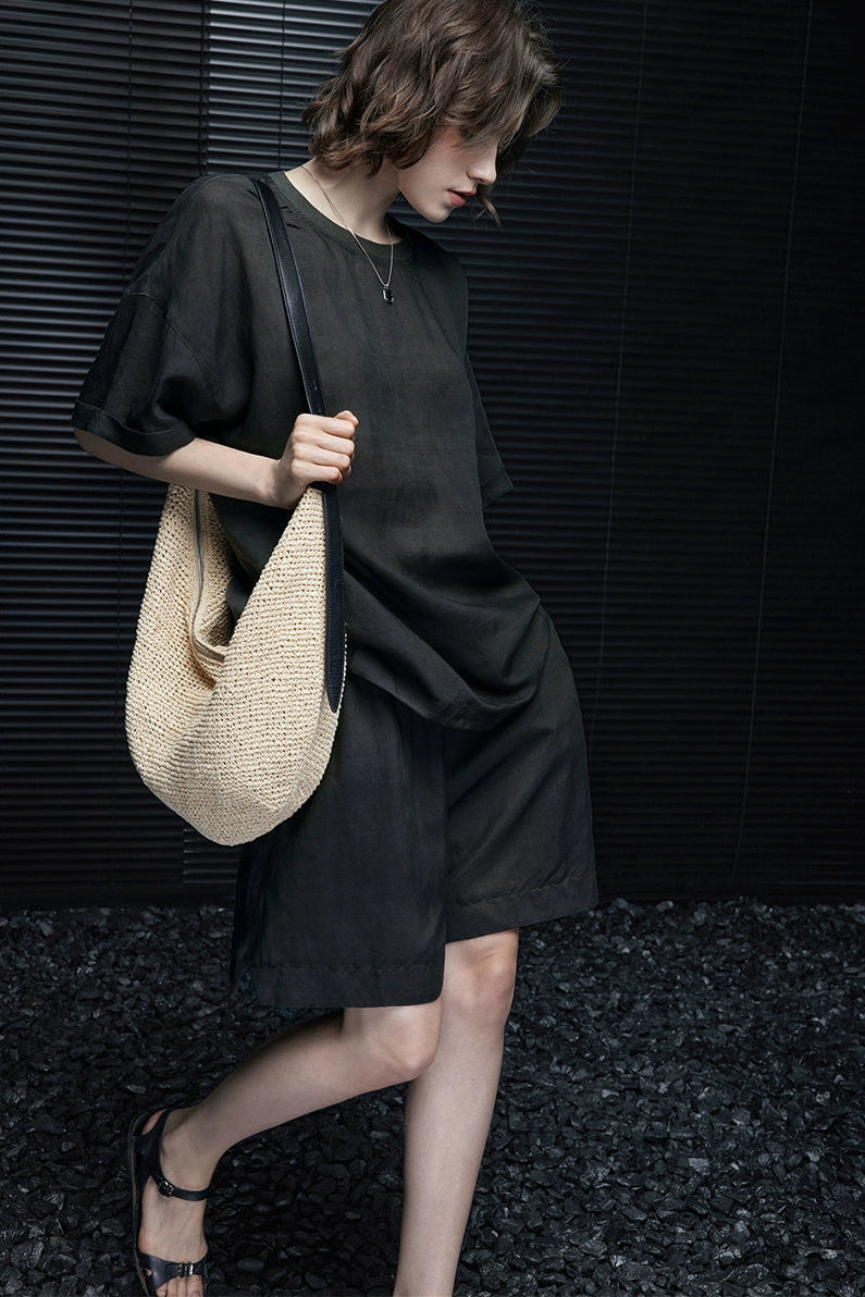 Gray-green linen blend handsome half-length pants B3994