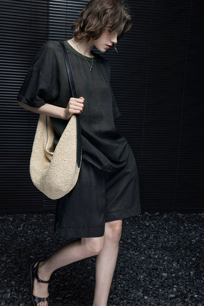 Gray-green linen blend handsome half-length pants B3994