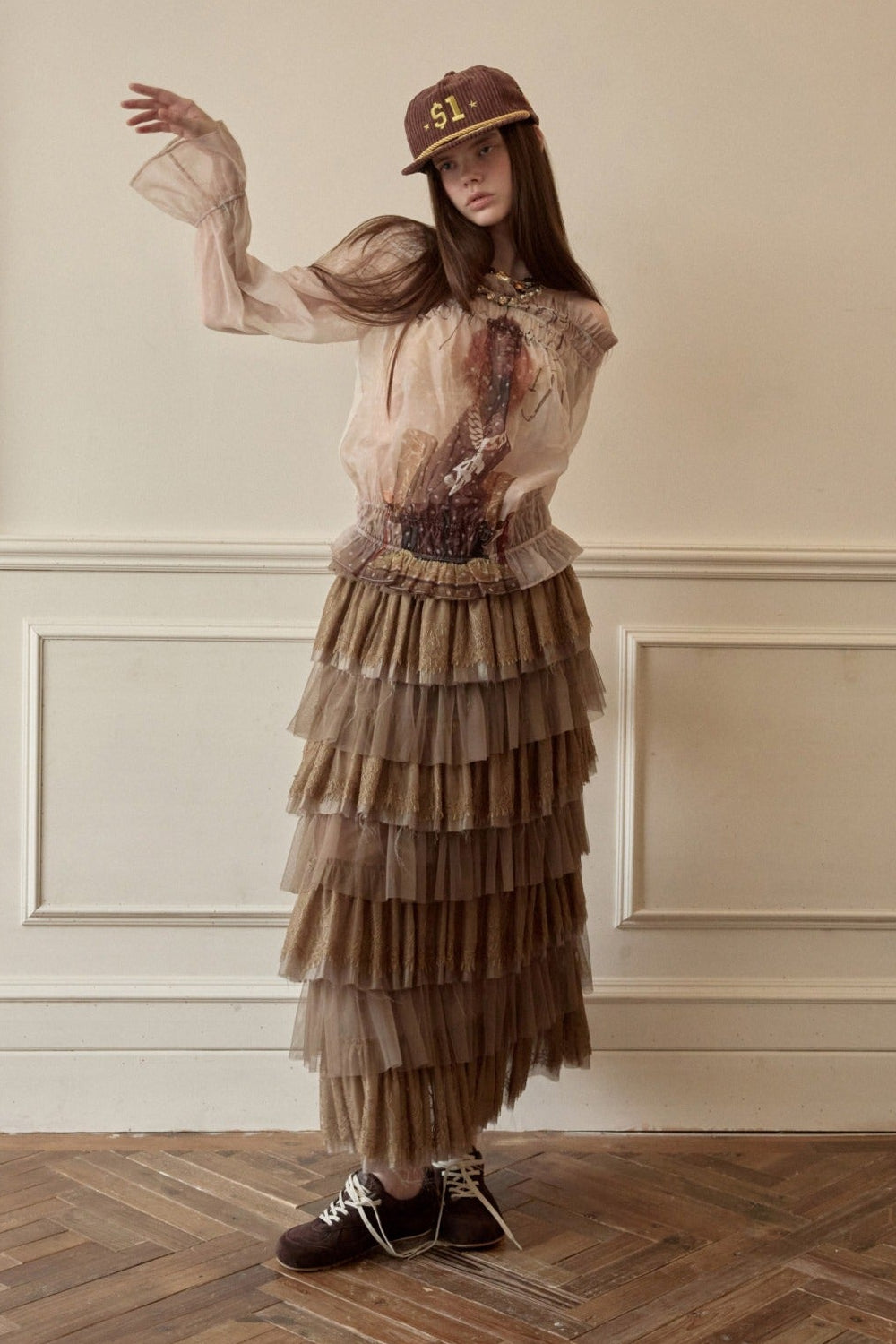 ドッグラブワンショルダーシフォンプリントトップス　B4643