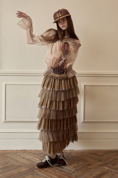 ドッグラブワンショルダーシフォンプリントトップス　B4643