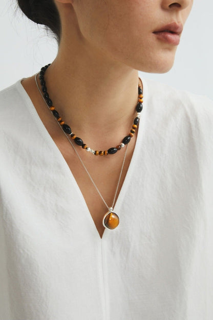 S925タイガーアイ ブラックアゲートチョーカーネックレス　B4286