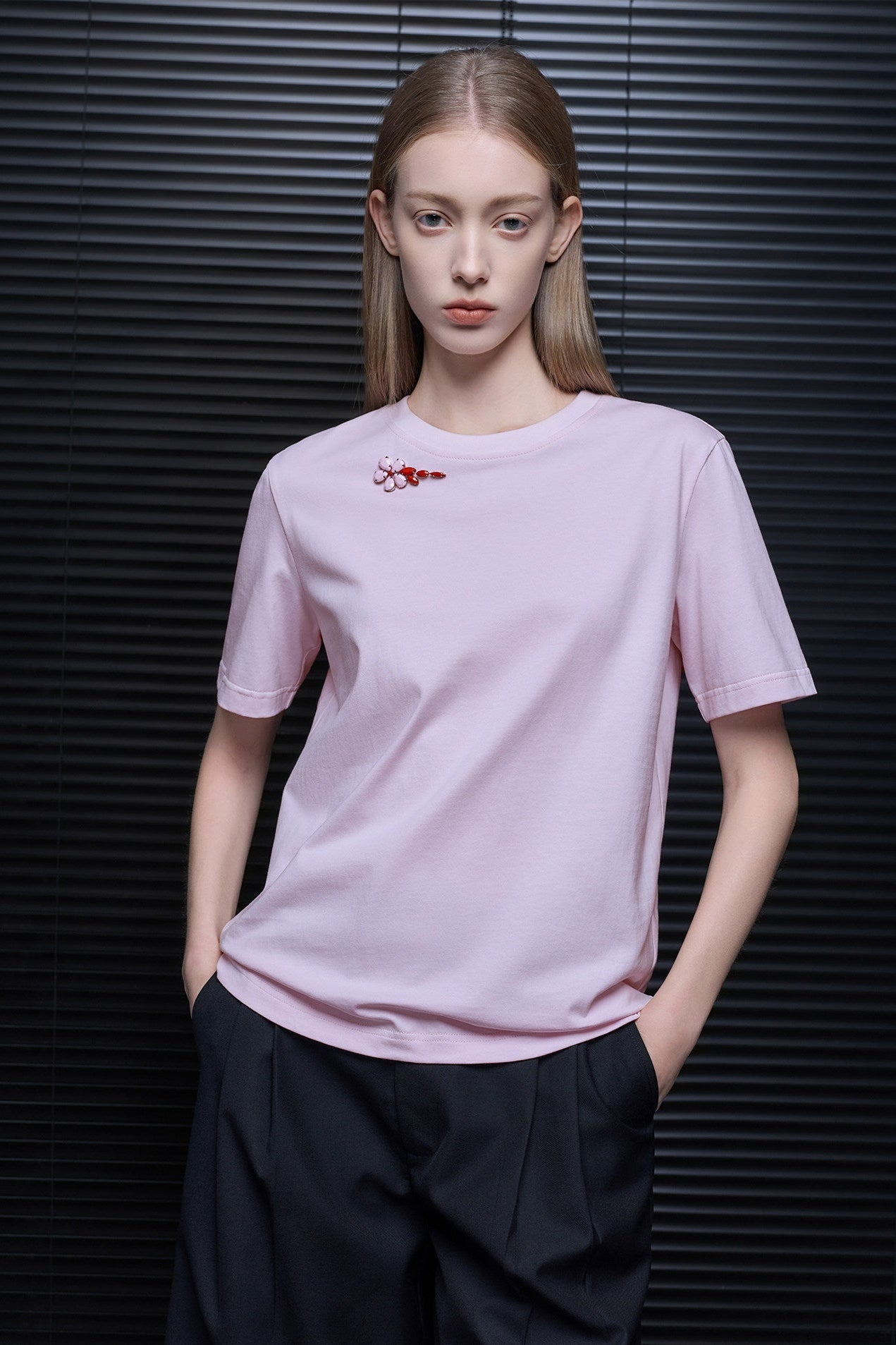 ピンクフラワービーズリラックスTシャツ　B4821