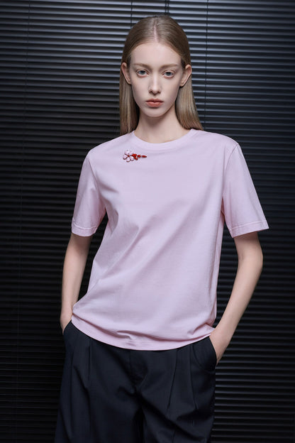 ピンクフラワービーズリラックスTシャツ　B4821
