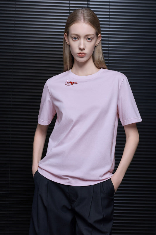 ピンクフラワービーズリラックスTシャツ　B4821