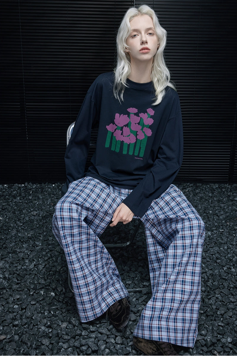 ネイビーブルーコットンプリントTシャツ　B4221