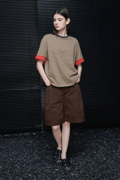 コーヒーストライプロールヘム半袖Tシャツ　B4711