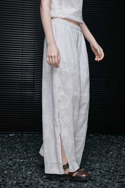 ホワイトコットンレースストレートルーズパンツ　B4078