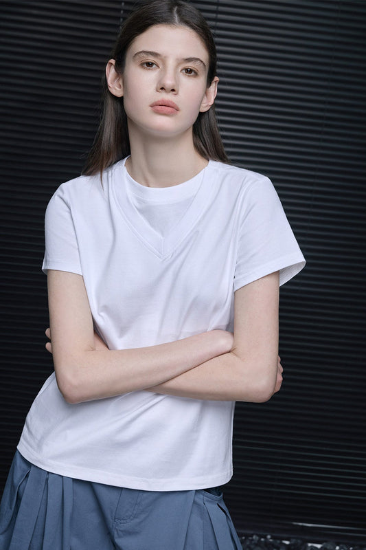 ホワイトコットンユニークダブルカラーTシャツ　B4733