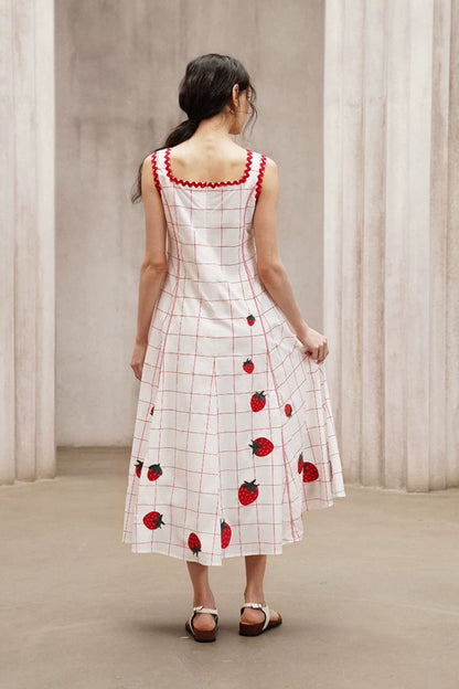 Strawberry Embroidered Check Retro Dress B4792