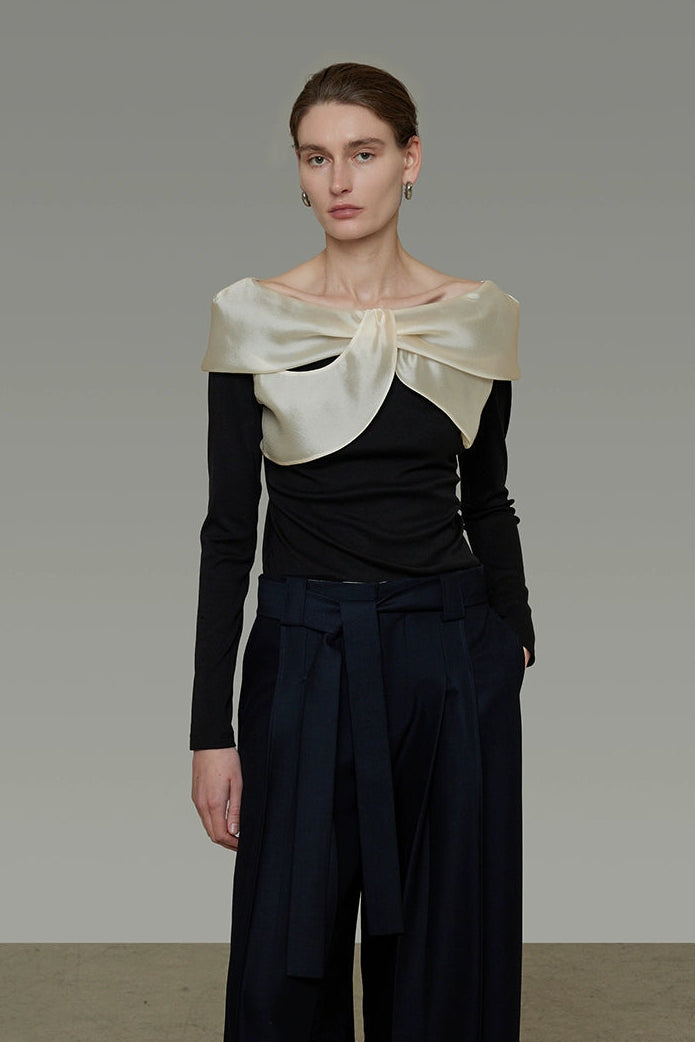 Satin patchwork off-shoulder knit top B4438