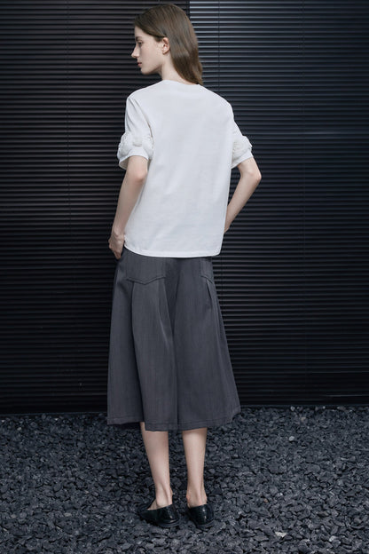 3Dフラワーホワイトコットン半袖Tシャツ　B4697