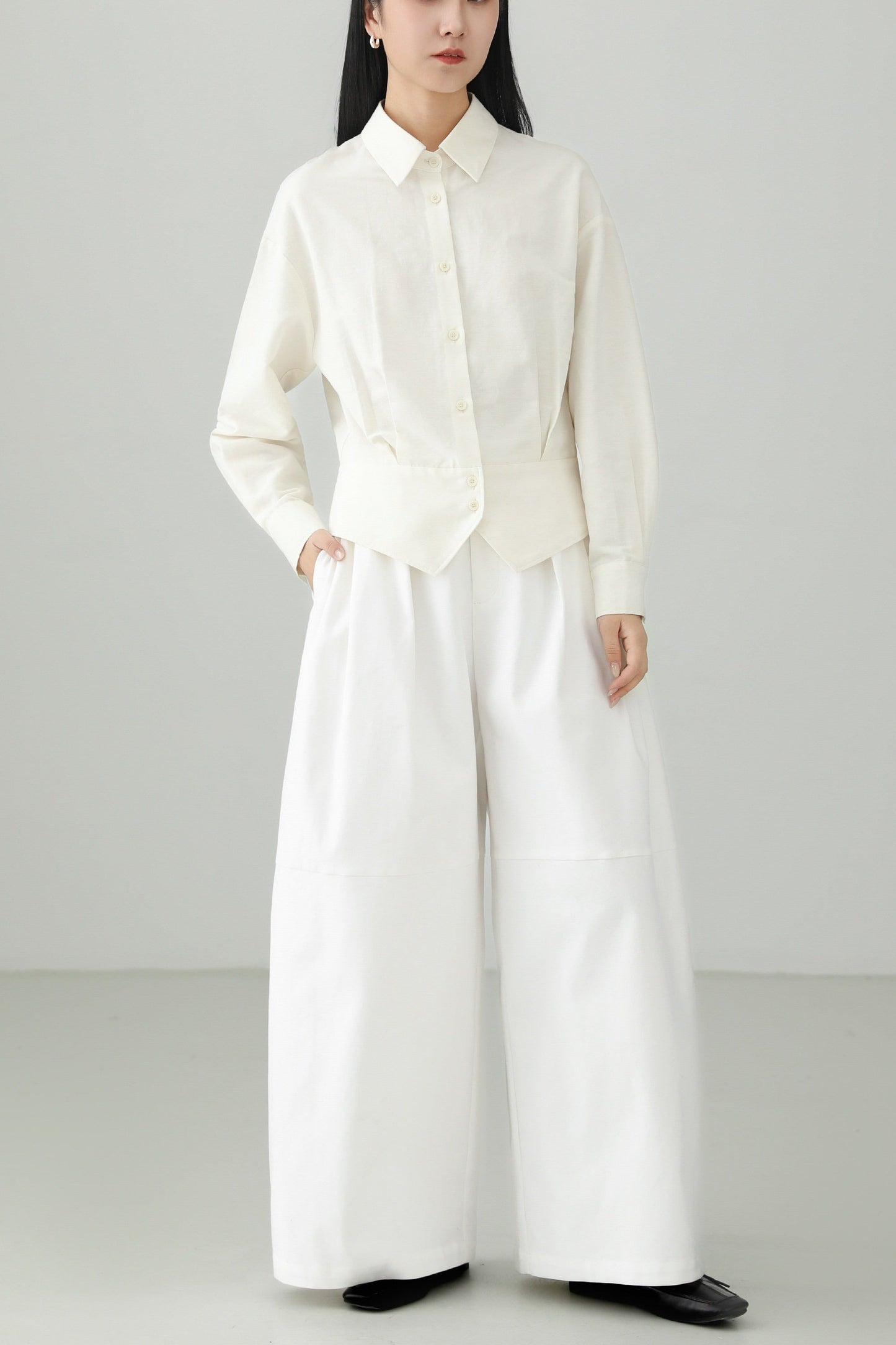 White cotton loose wide pants B4660
