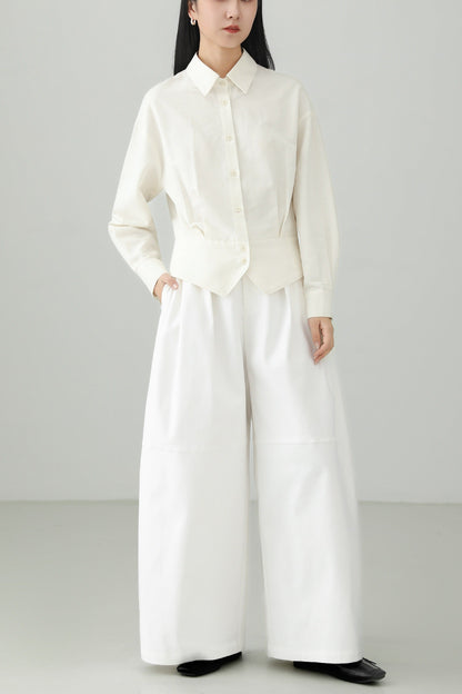 White cotton loose wide pants B4660