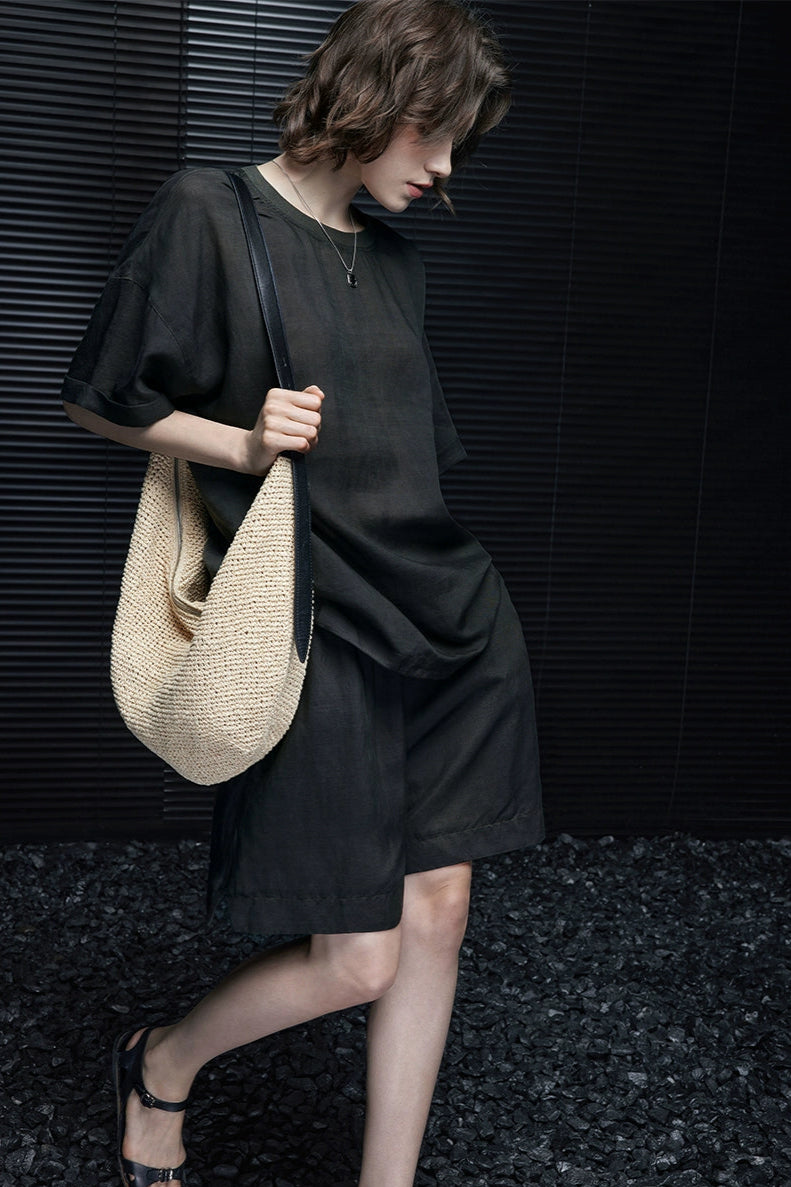 グレーグリーンリネン混ハンサムパンツ半袖Tシャツ　B3995