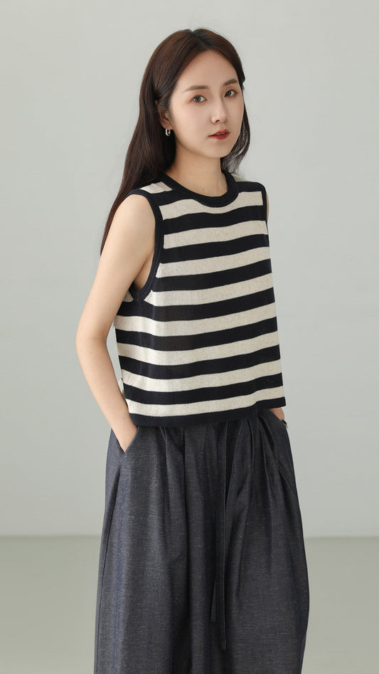 Back Slit Sleeveless Striped Top B4764