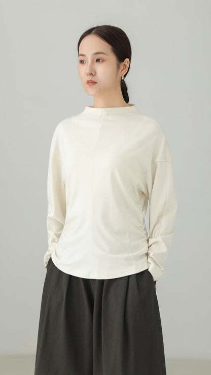 Bottleneck Side-Shirring Drape Long Sleeve T-Shirt B5001