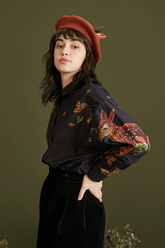 手繪鹿紋寬鬆襯衫 B4460