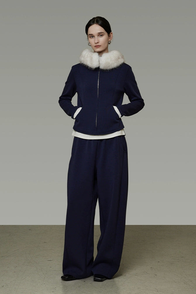 Fur collar fake two-piece top and cropped pants set B4511