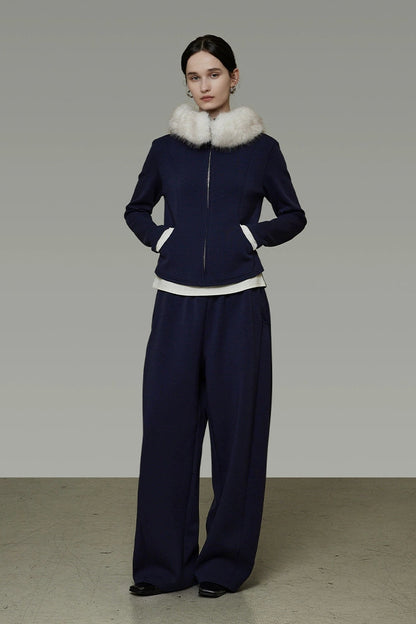 Fur collar fake two-piece top and cropped pants set B4511