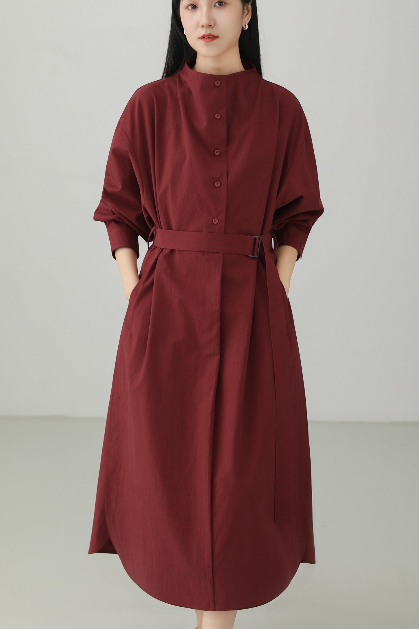 Red Tencel Blend Stand Collar Dress B4663