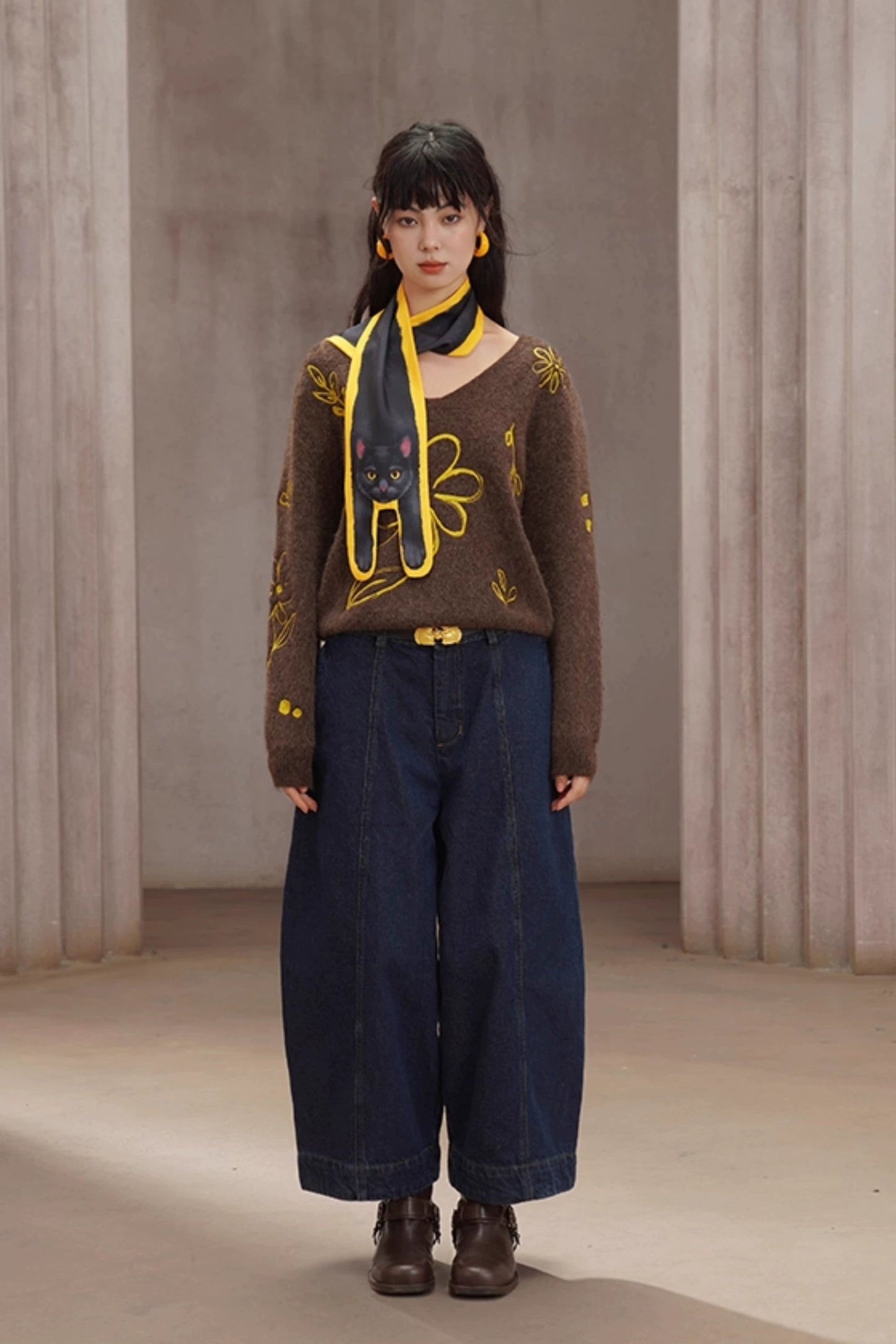 普魯士藍闊腿彎刀牛仔褲 B4448