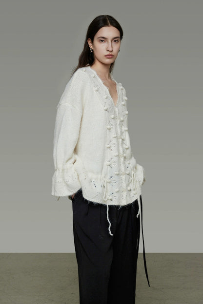 V-neck wool drawstring cardigan B4486