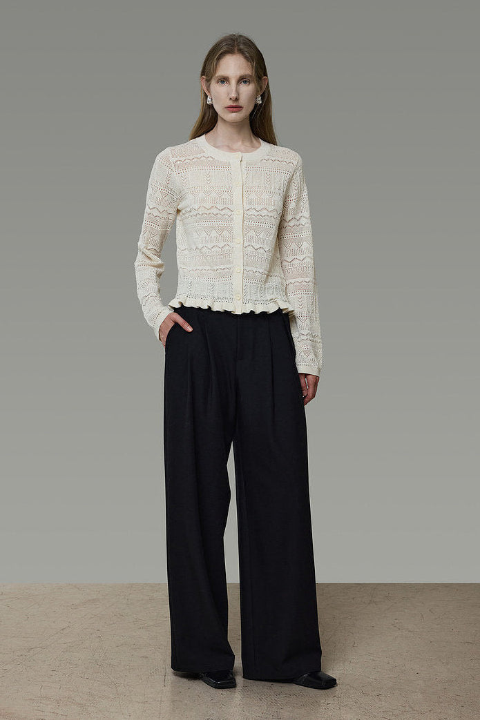 Openwork Jacquard Wave Hem Knit Cardigan B4939