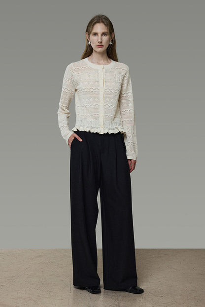 Openwork Jacquard Wave Hem Knit Cardigan B4939