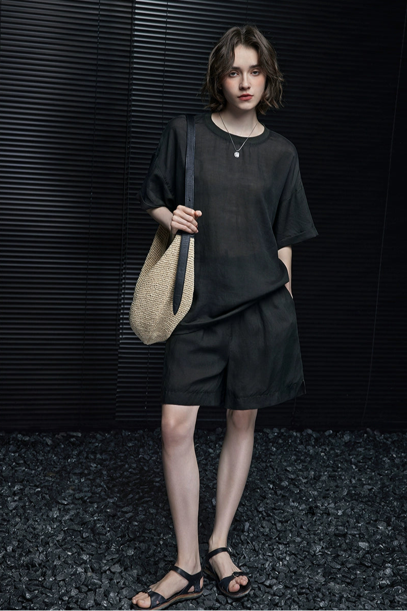 グレーグリーンリネン混ハンサムパンツ半袖Tシャツ　B3995